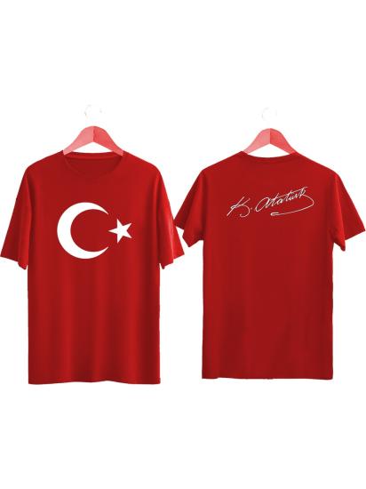 Türk Bayrağı Baskılı Atatürk Imzalı Tişört Ayyıldızlı T-Shirt