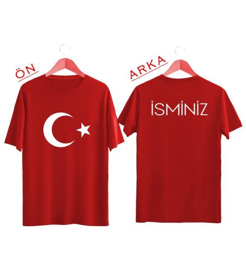 İsme Özel Türk Bayrağı T-shirt Kişiye Özel Baskılı Tişört (ÖN+ARKA BASKI)